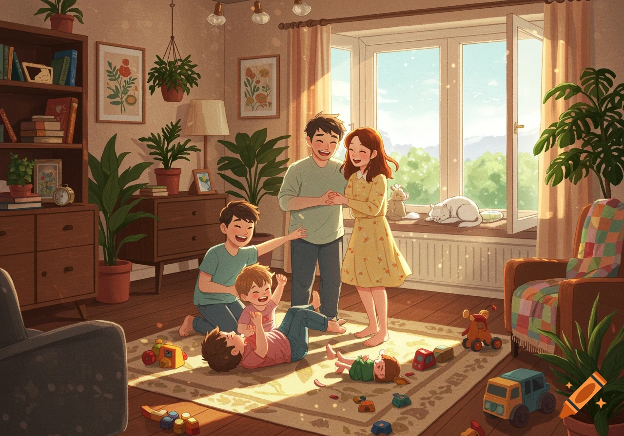 An illustration of a happy family playing in a sunlit living room. Parents watch children on a rug with toys, a cat sleeps on the windowsill.