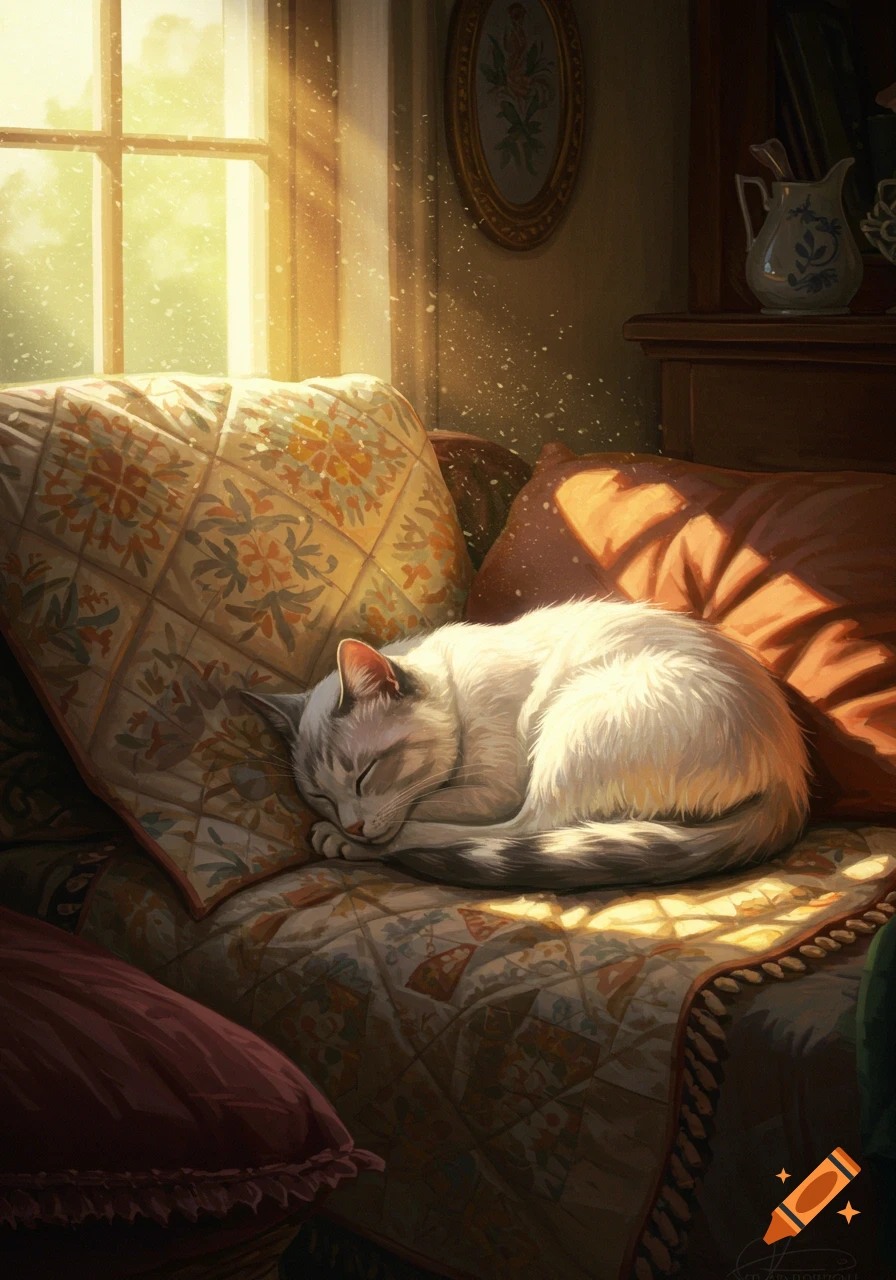 A white cat sleeps curled up on a patterned couch, bathed in warm sunlight streaming through a window.