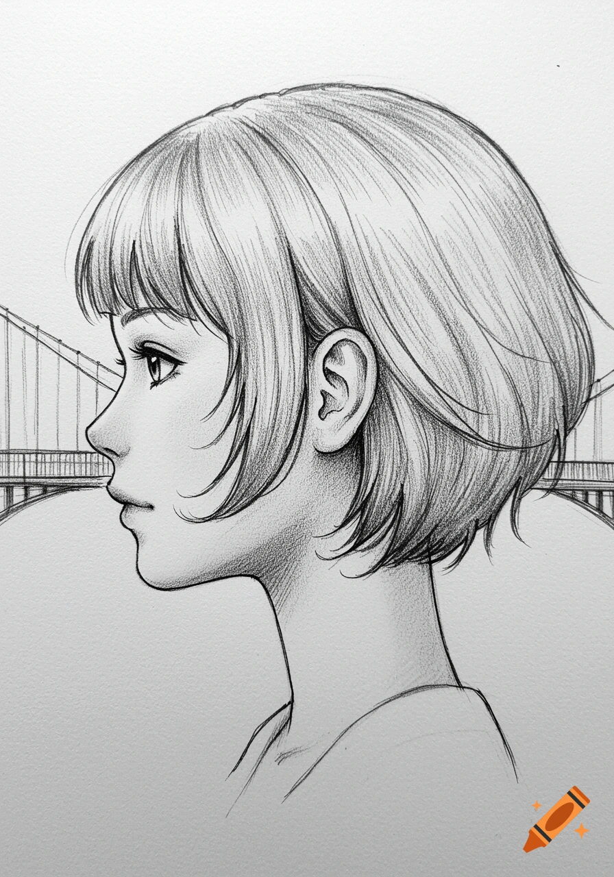 Pencil sketch of a girl with short, chin-length hair in side profile, looking left, with a bridge in the background.