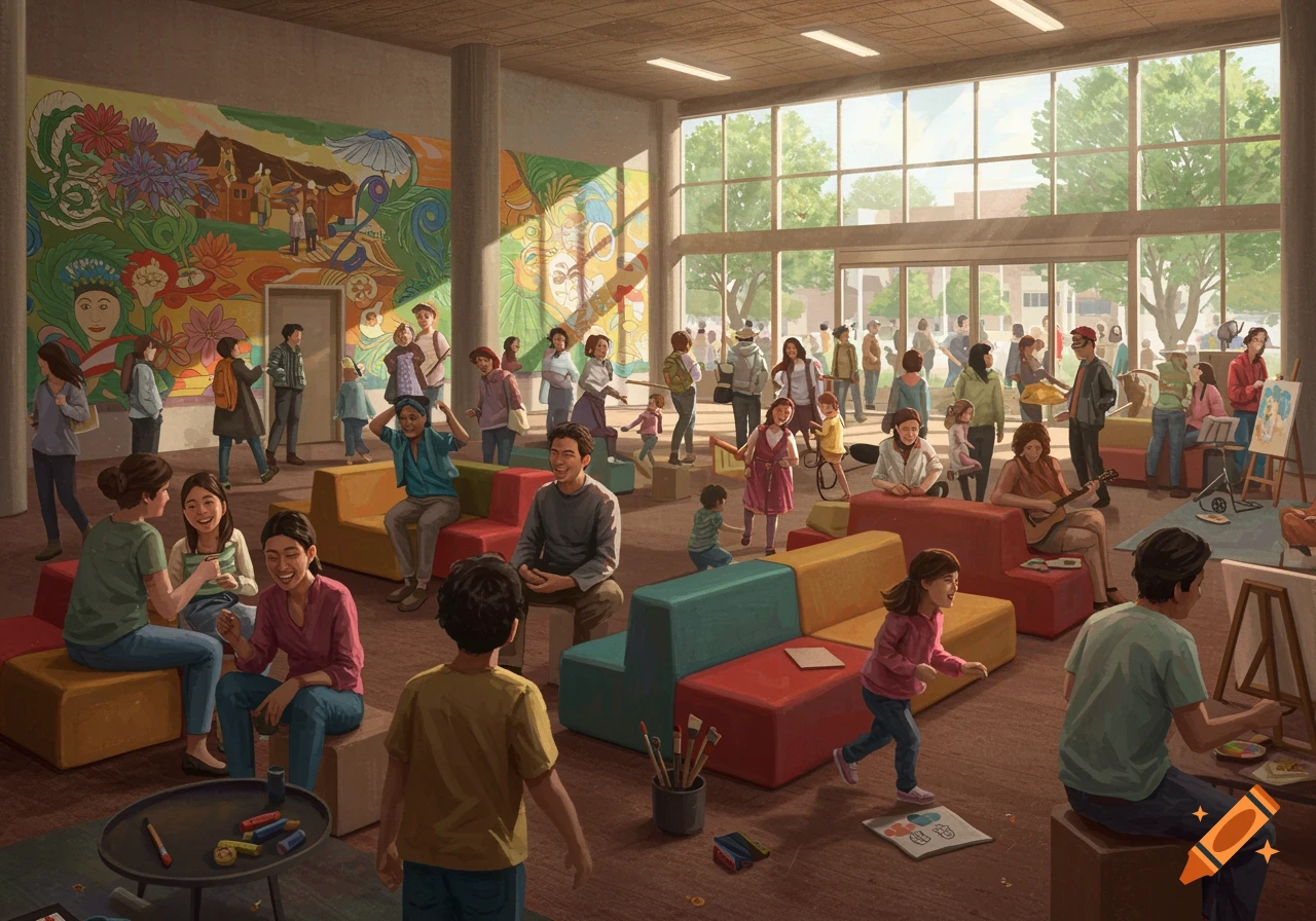 A bustling community center filled with a diverse crowd of adults and children engaged in various activities like painting, talking, and playing music. Colorful murals adorn the walls, and sunlight streams through large windows.