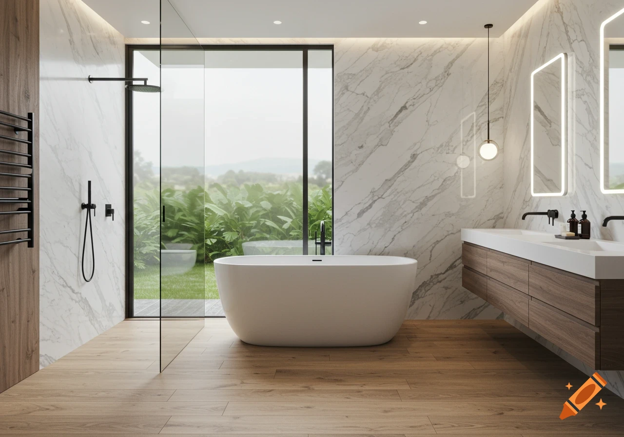 Modern master bathroom with marble walls, wood floors, a freestanding tub, walk-in shower, double vanity, and large window view.