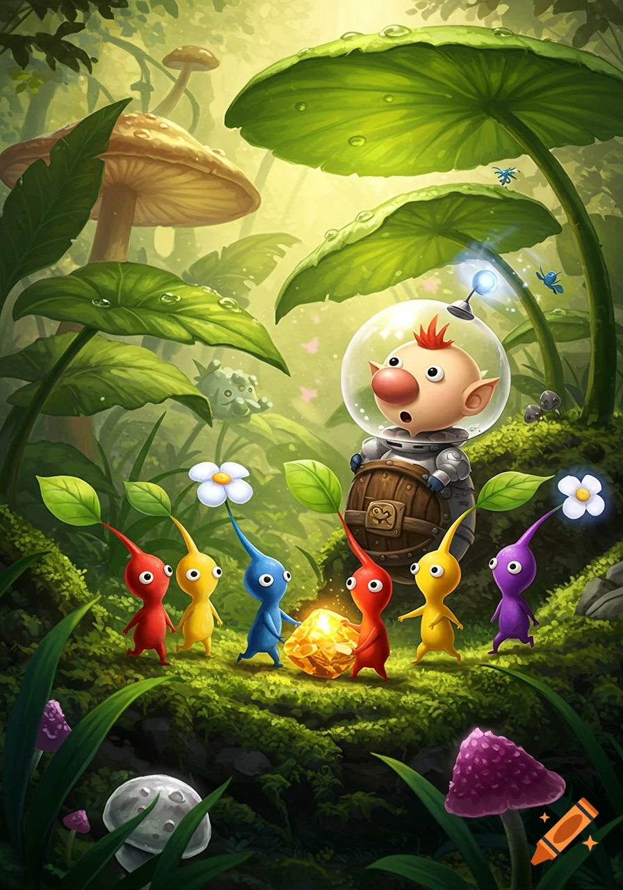 Captain Olimar in a bubble helmet and Pikmin of various colors gather around a glowing crystal in a vibrant, mossy forest.