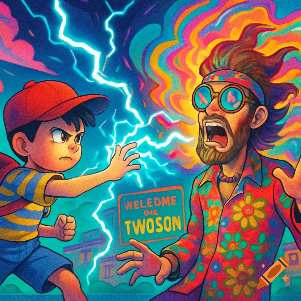 Vibrant cartoon of a boy with psychic lightning attacking a screaming hippie, with a sign for 'Twoson' in the background.