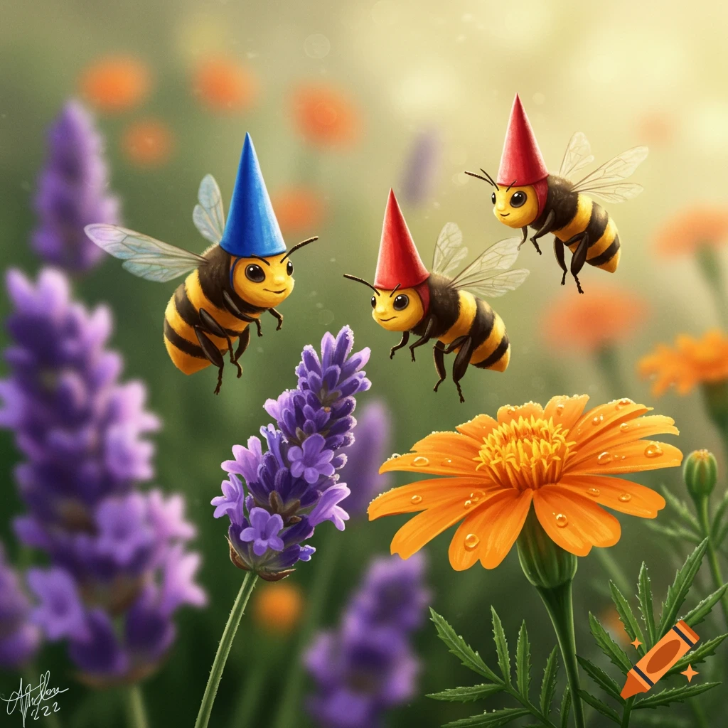 Three happy cartoon bees with colorful cone hats fly among purple lavender and orange flowers.
