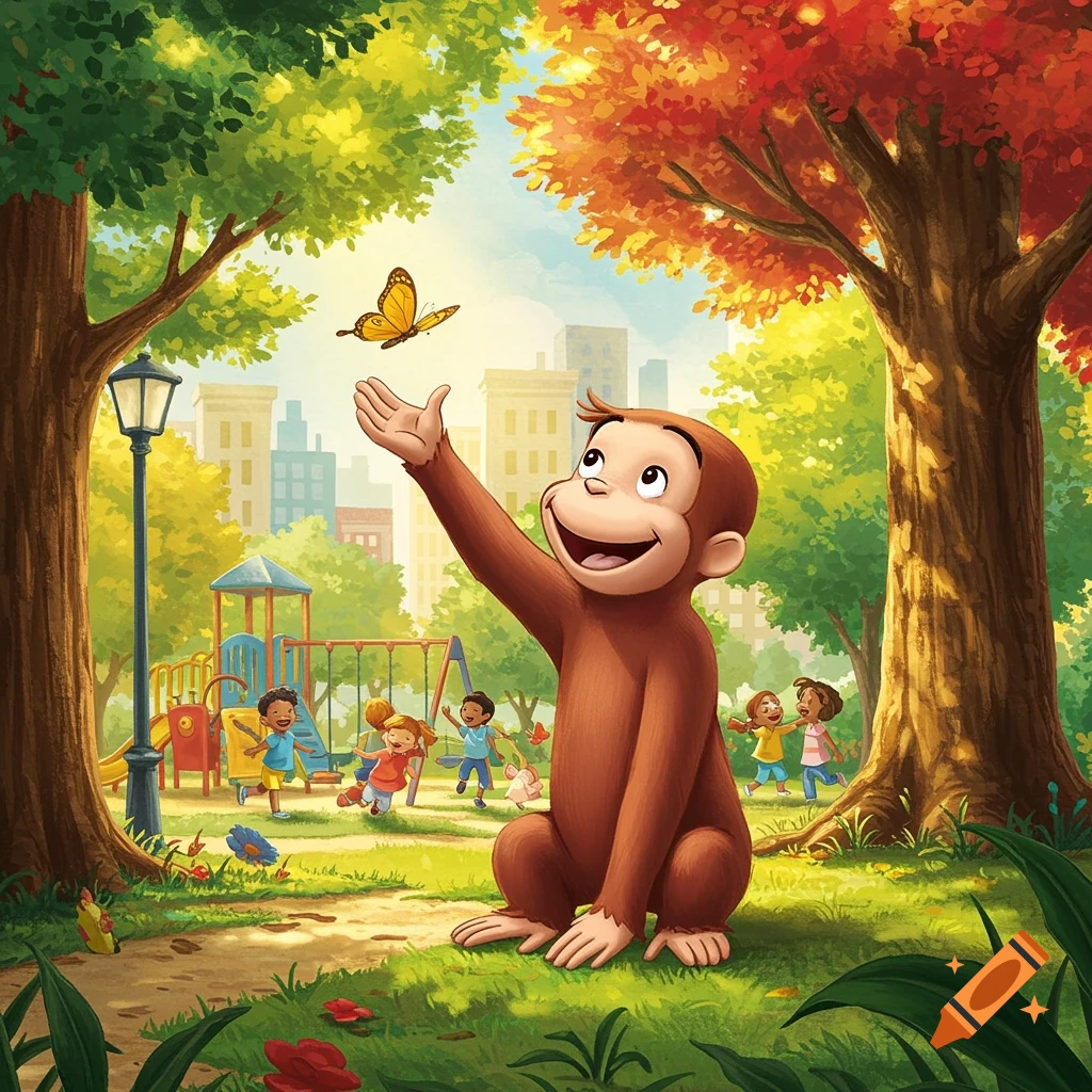 Curious George the monkey reaches for a butterfly in a vibrant park with a playground and children playing in the background, illustration.