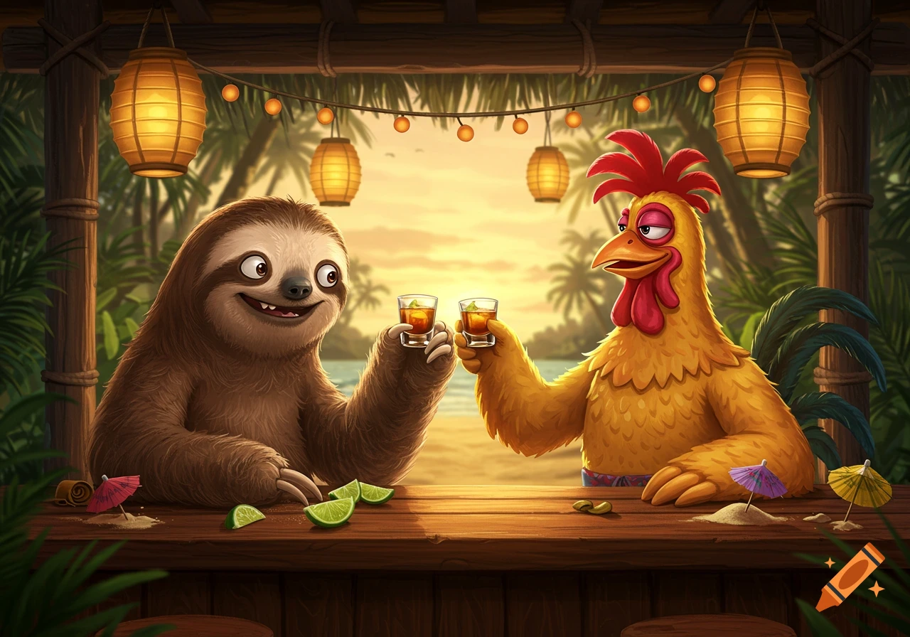 A cartoon sloth and rooster toast whiskey shots at a tiki bar with a beach sunset in the background.