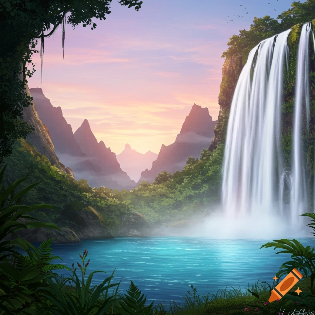 Surreal waterfall with sparkling lake on Craiyon