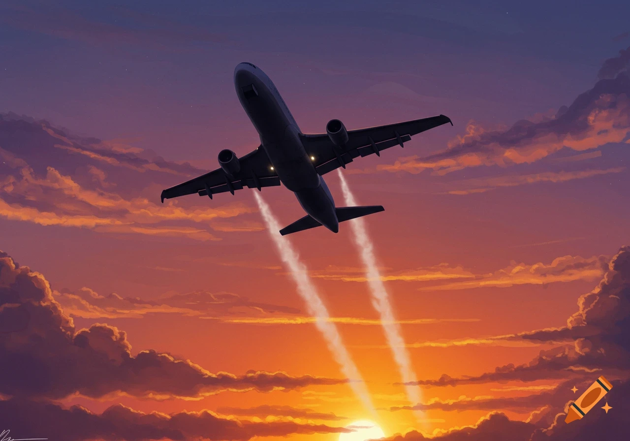 An airplane flies upward into a vibrant orange and purple sunset sky, leaving white contrails behind it.