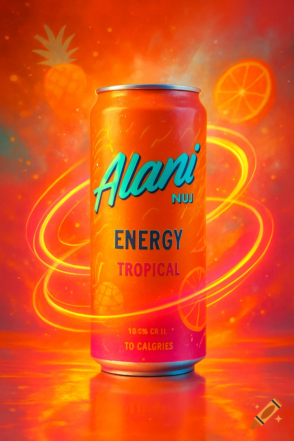 Vibrant orange Alani NUI energy drink can, glowing rings, pineapple and orange slices against an orange background.