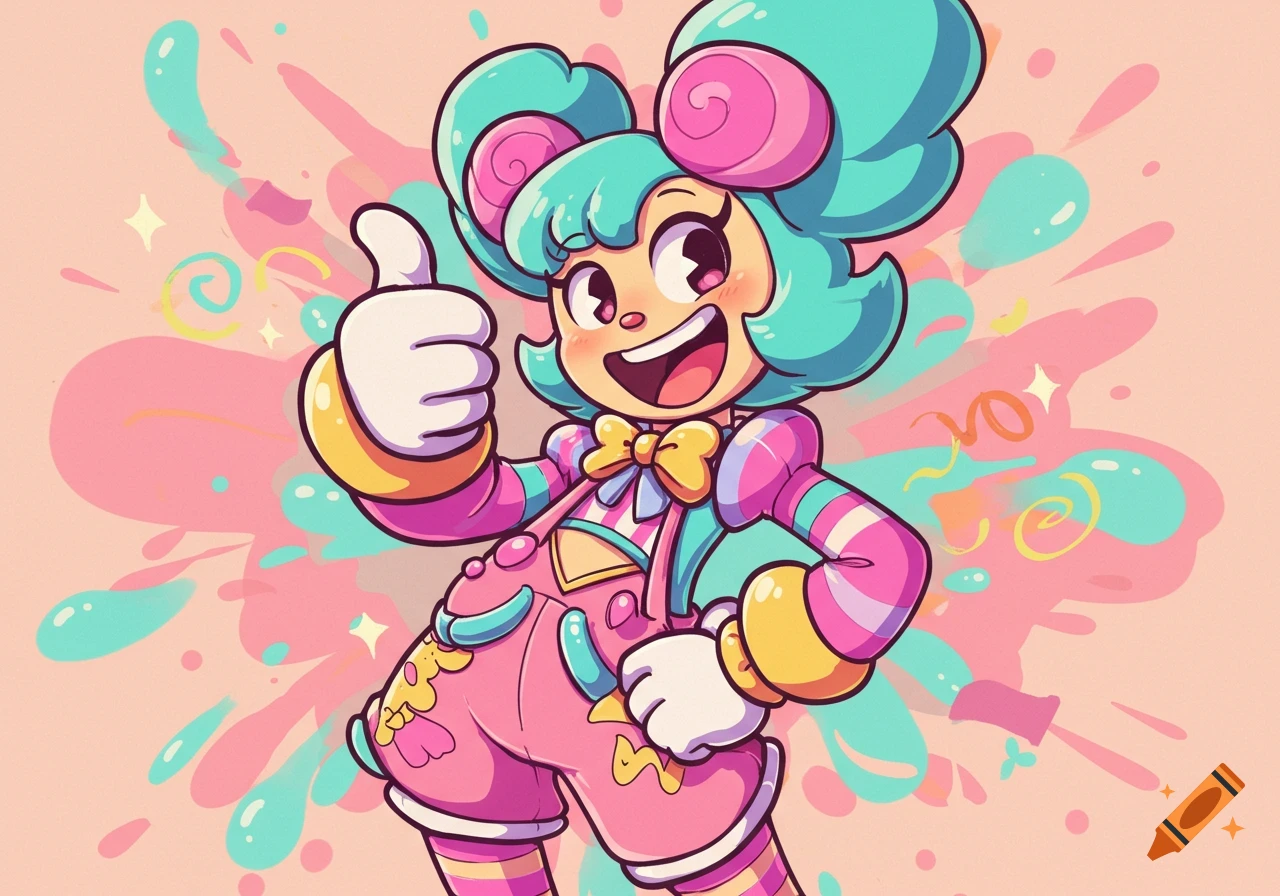 Colorful cartoon character with turquoise hair and pink outfit gives a cheerful thumbs up, surrounded by abstract splatters.