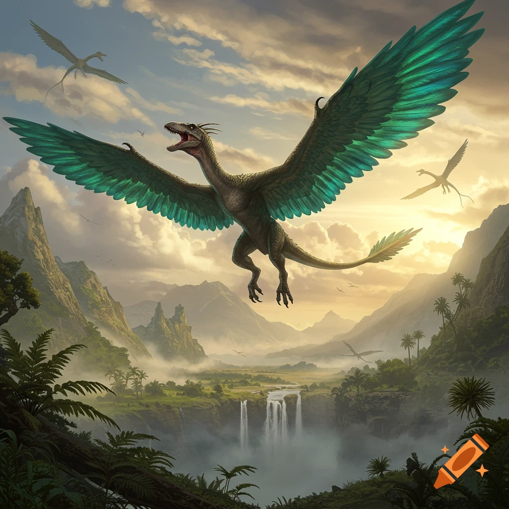 A large, green-winged dinosaur soars over a majestic valley with waterfalls, mountains, and lush foliage under a dramatic sky.