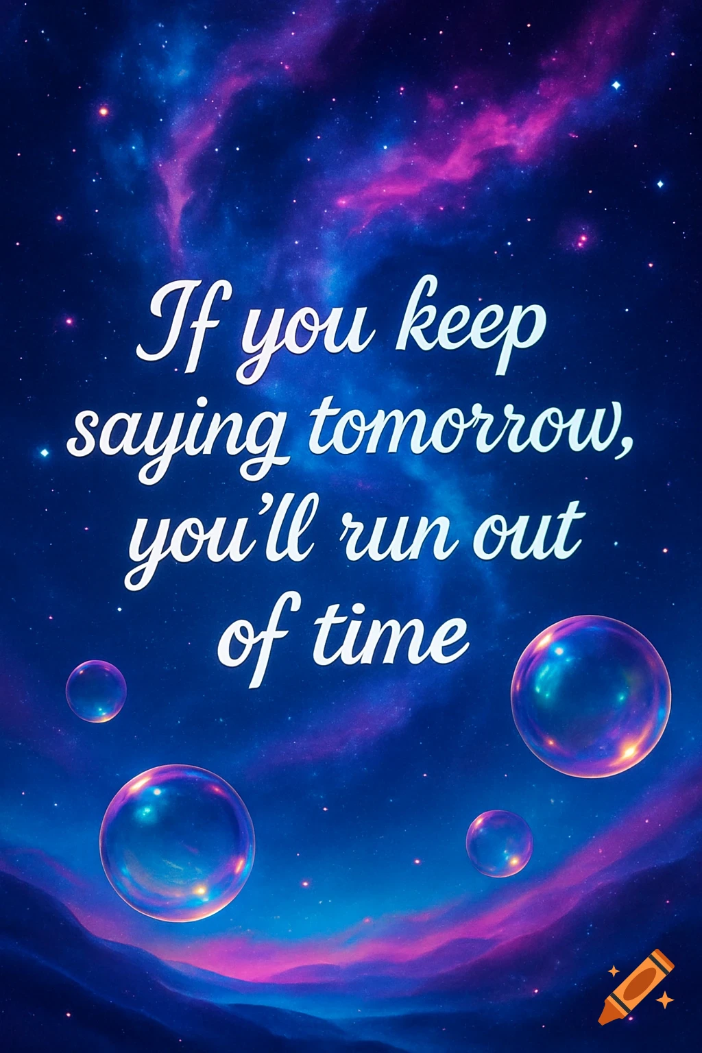 A dark blue and purple starry galaxy background with nebulae and several translucent bubbles. White text reads, "If you keep saying tomorrow, you'll run out of time."
