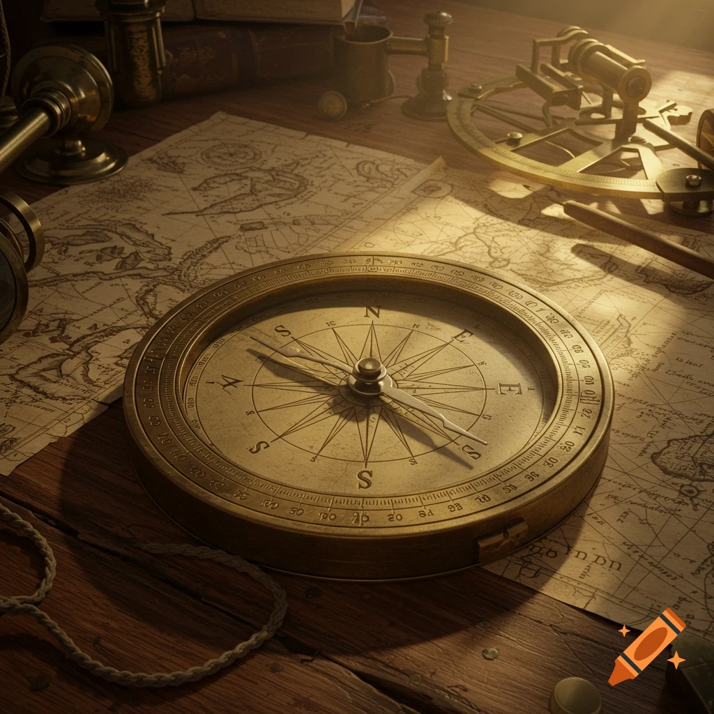 An antique brass compass rests on a vintage map, surrounded by other navigational instruments on a wooden table, lit by warm sunlight.