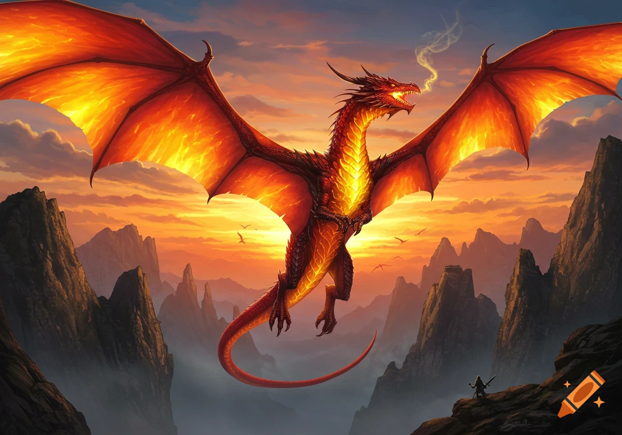 A majestic red and yellow dragon with fiery wings flies over a dramatic mountain range at sunset, with a lone figure watching.