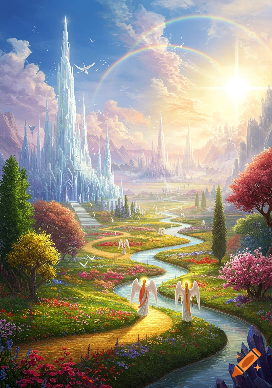Vibrant fantasy landscape with a crystal castle, winding river, colorful flowers, rainbows, and angels under a radiant sun.