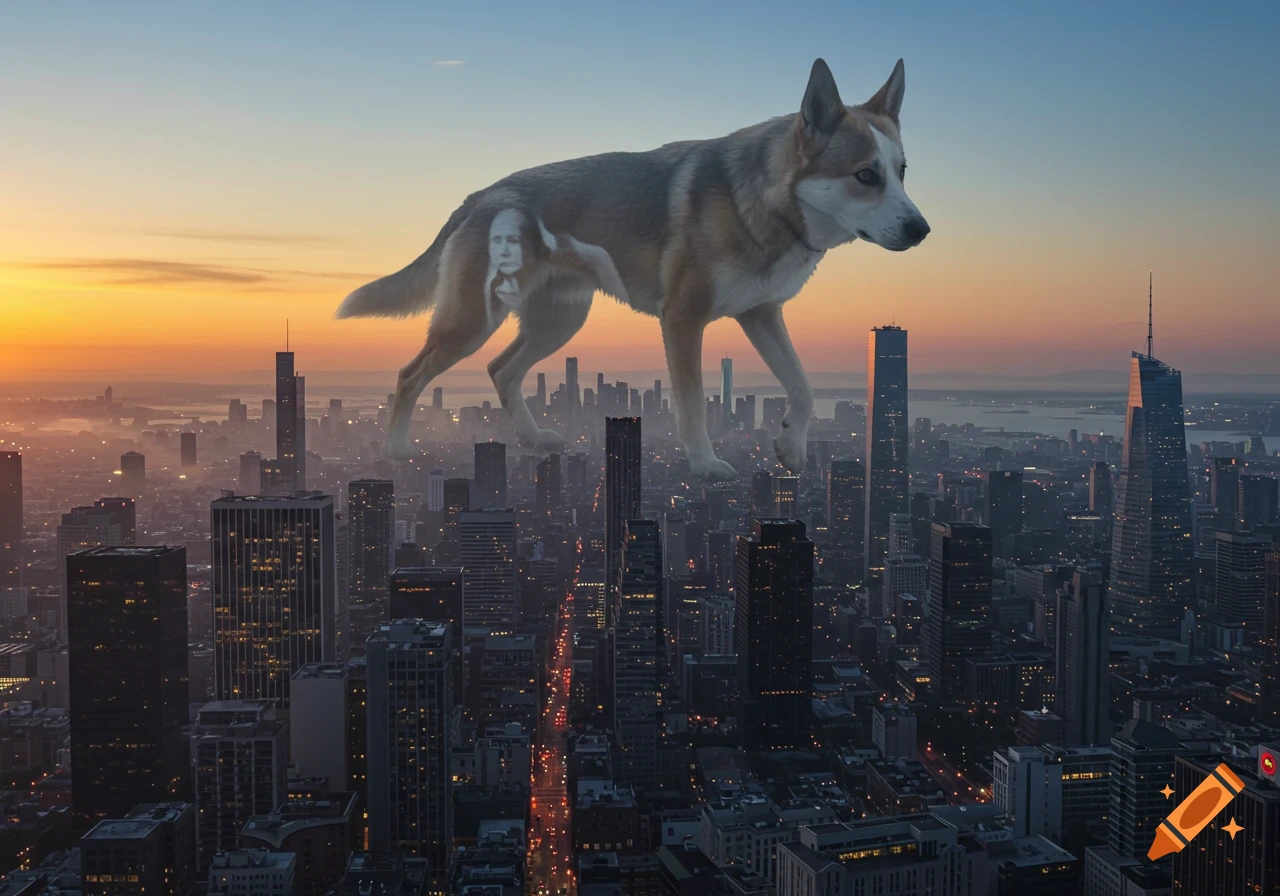 A giant dog, featuring a pale man's face on its side, strides over a sprawling city at sunset, with towering skyscrapers.