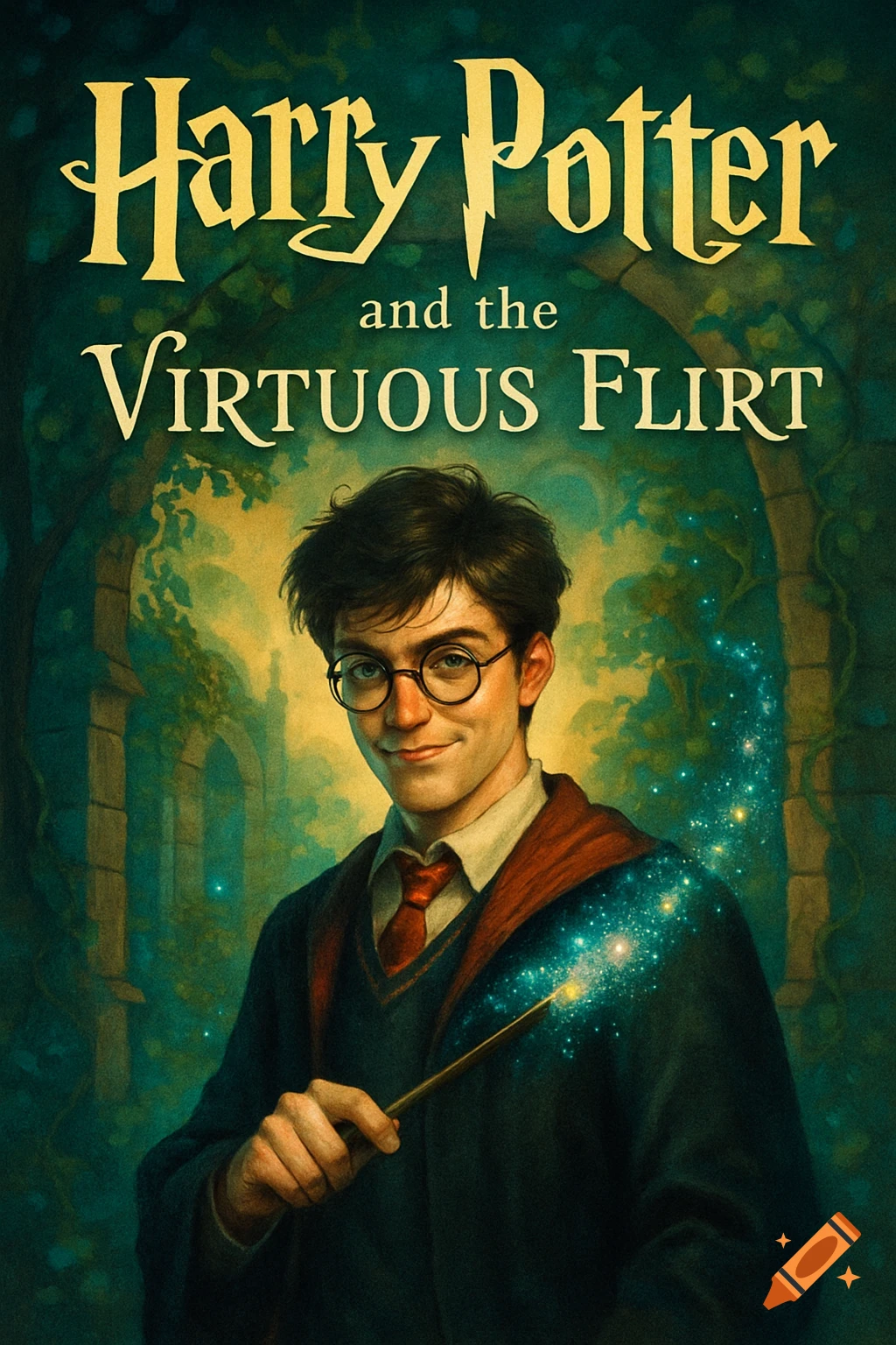 Illustrated book cover: Harry Potter smiles, holding a glowing wand. Text reads: "Harry Potter and the Virtuous Flirt."