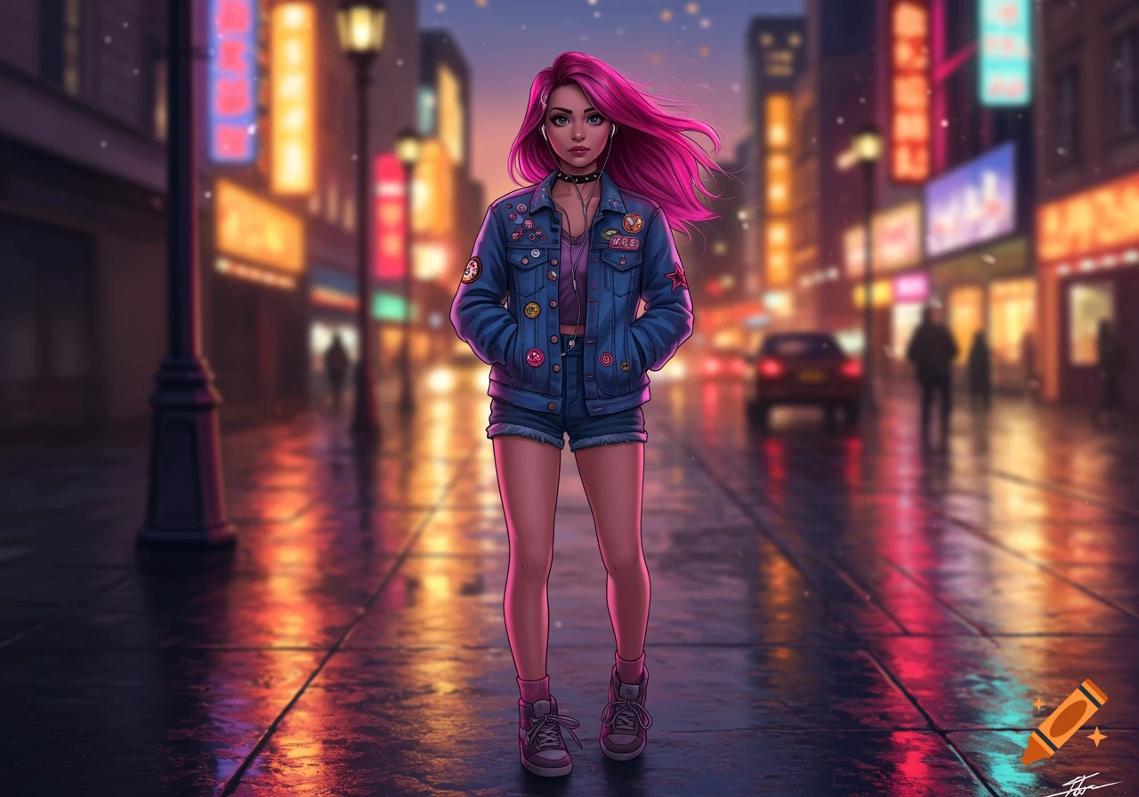 An anime-style girl with bright pink hair and a denim jacket stands on a wet city street at night, illuminated by neon signs.