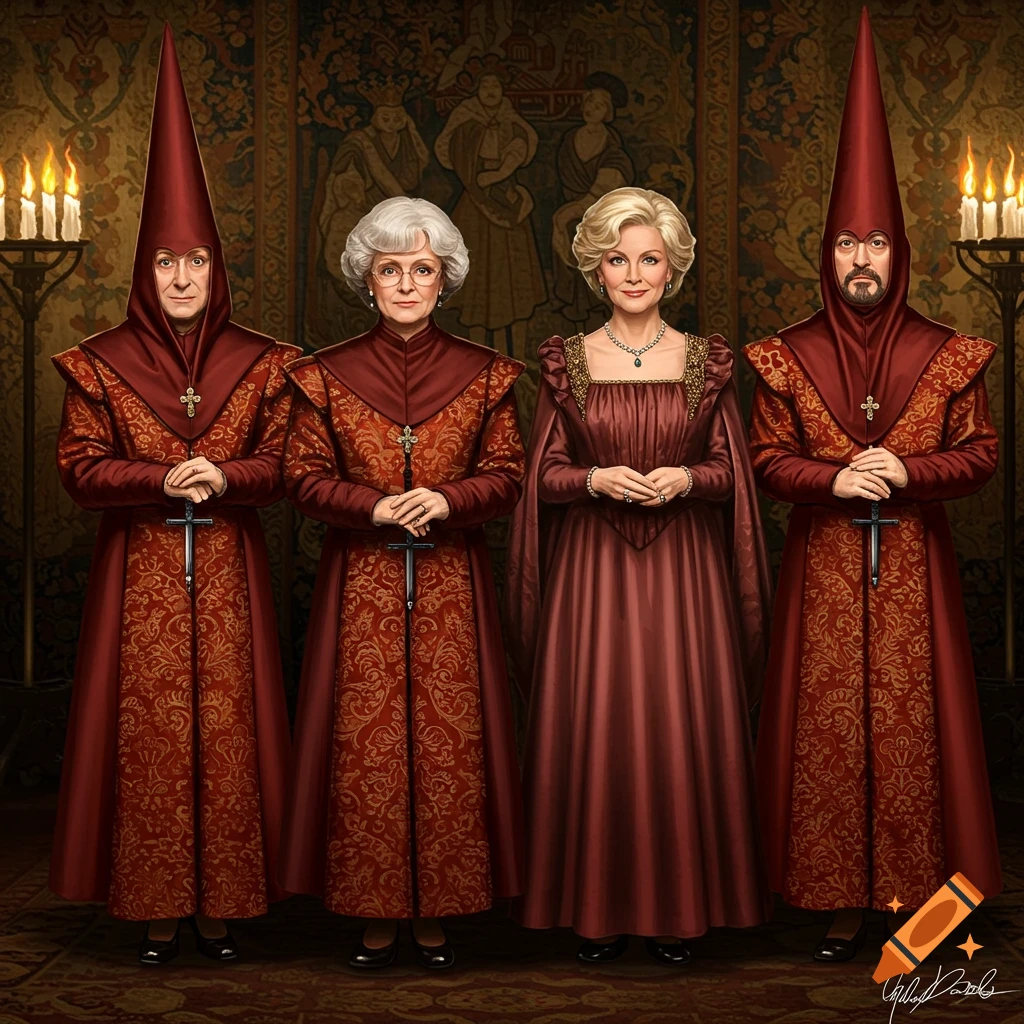 Two men and two women, including actresses resembling the Golden Girls, in elaborate dark red Spanish Inquisition robes and conical hats, holding small daggers, against a tapestry background.