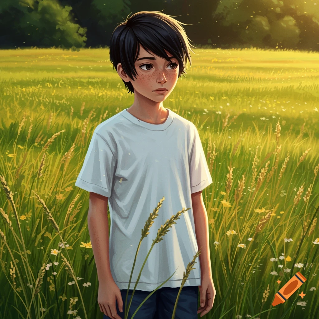 An illustration of a young boy with dark hair and freckles, wearing a white t-shirt, standing in a sunny green field.