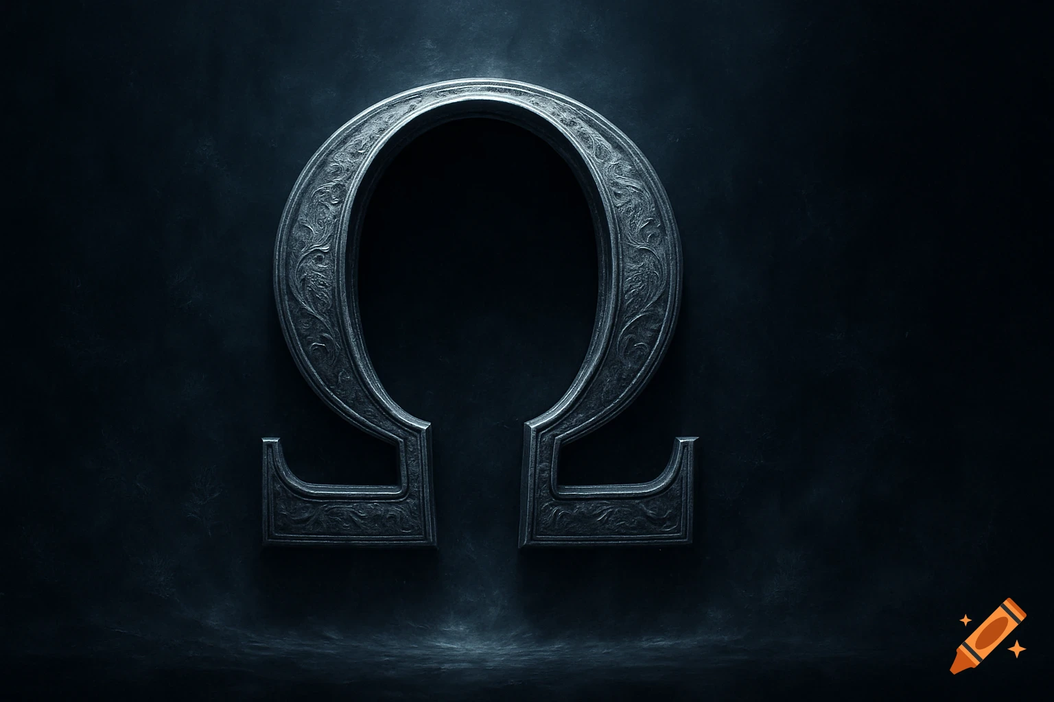 A stylized, ornate metallic silver Omega symbol on a dark, textured background with subtle smoky effects.