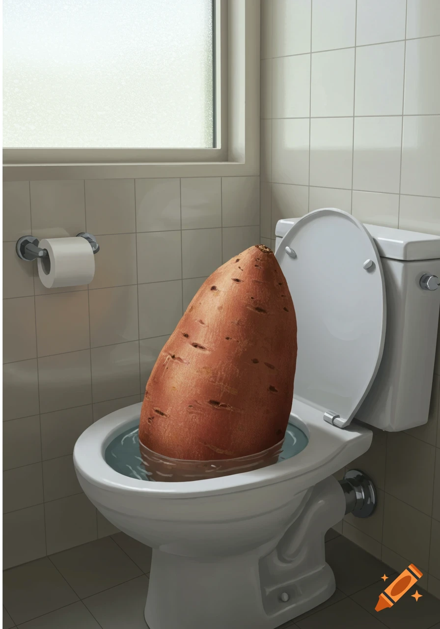 A large sweet potato floats in the water of a toilet in a tiled bathroom.