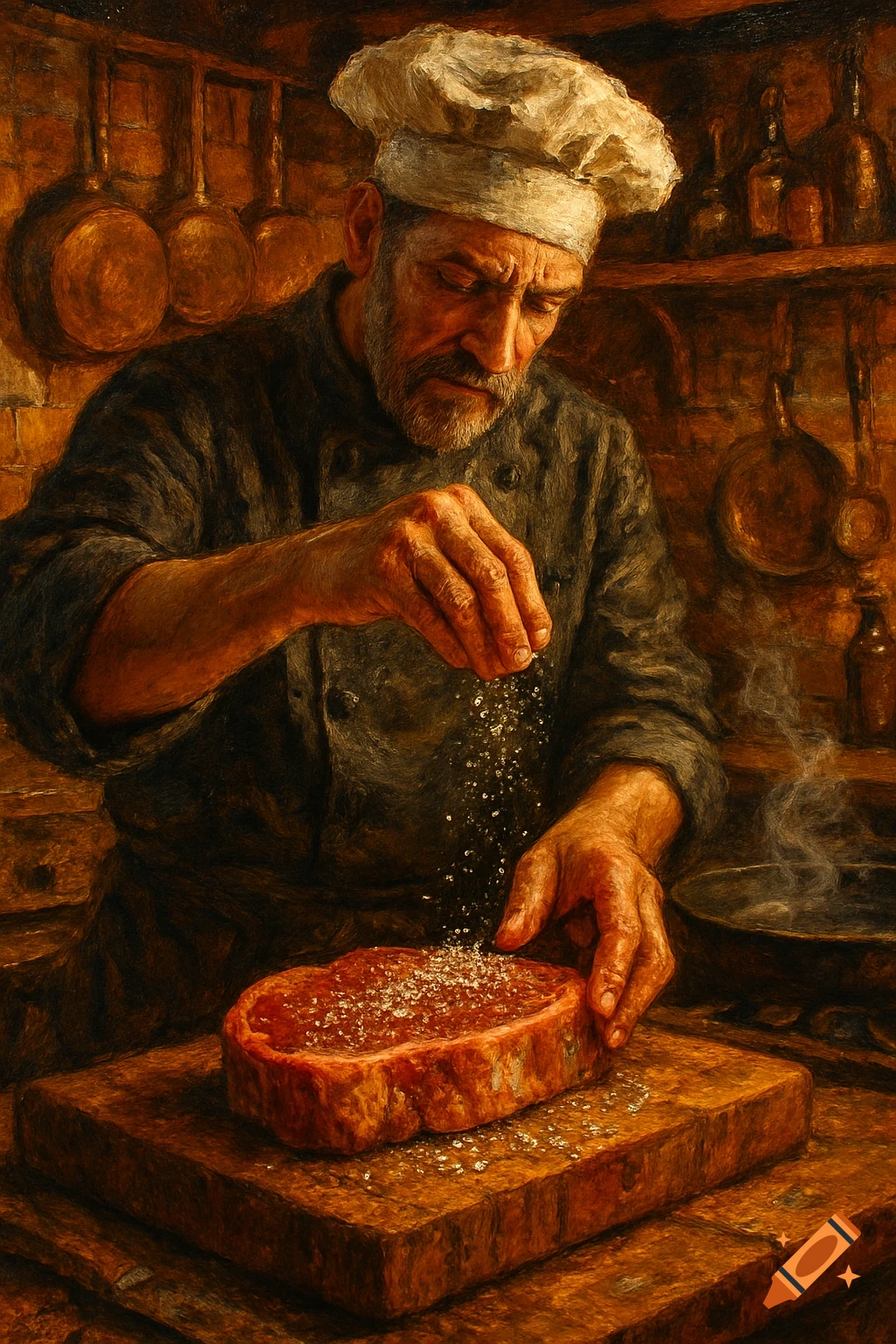 An oil painting of a chef in a rustic kitchen sprinkling salt on a raw steak on a wooden cutting board.