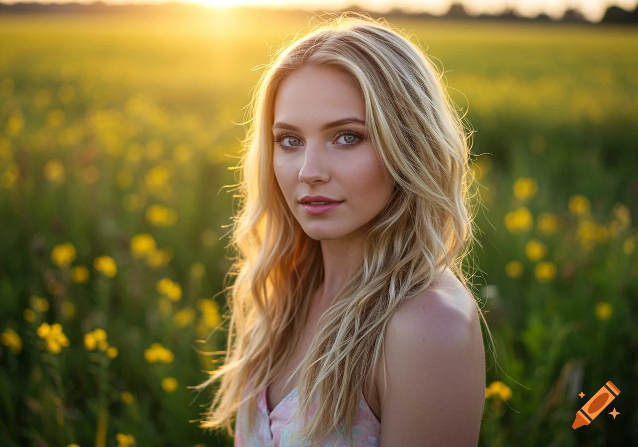 Close-up portrait of a young blonde woman with blue eyes, smiling softly in a sunny green field at sunset.