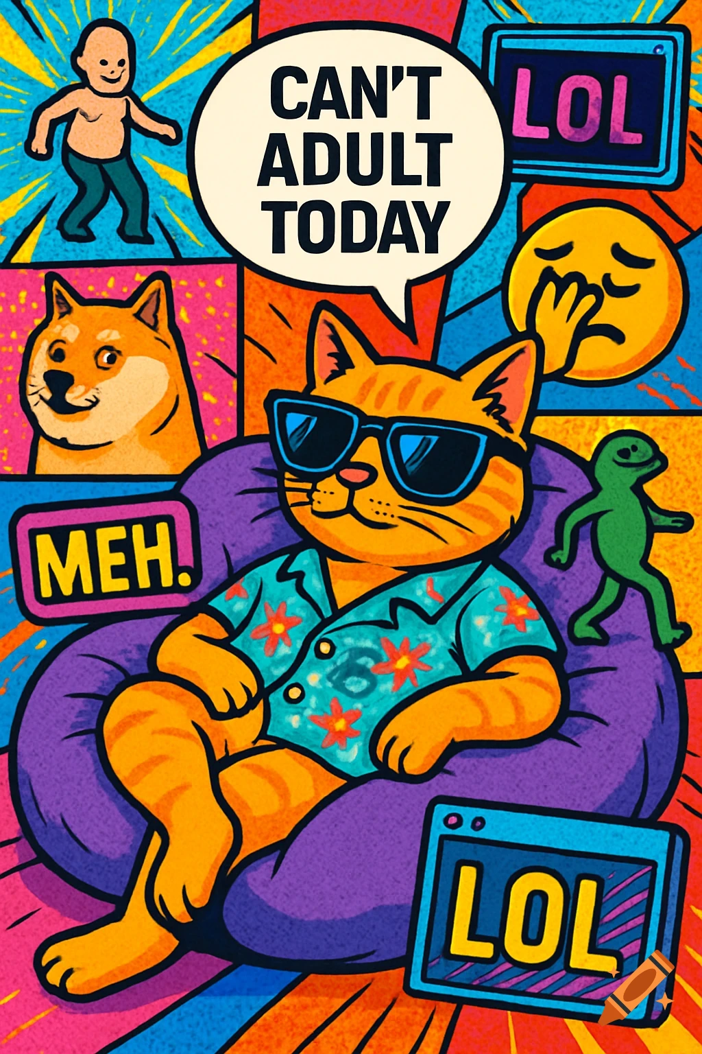 A vibrant pop art collage of a cool cat in sunglasses, surrounded by various memes, emojis, and internet slang like 'CAN'T ADULT TODAY'.