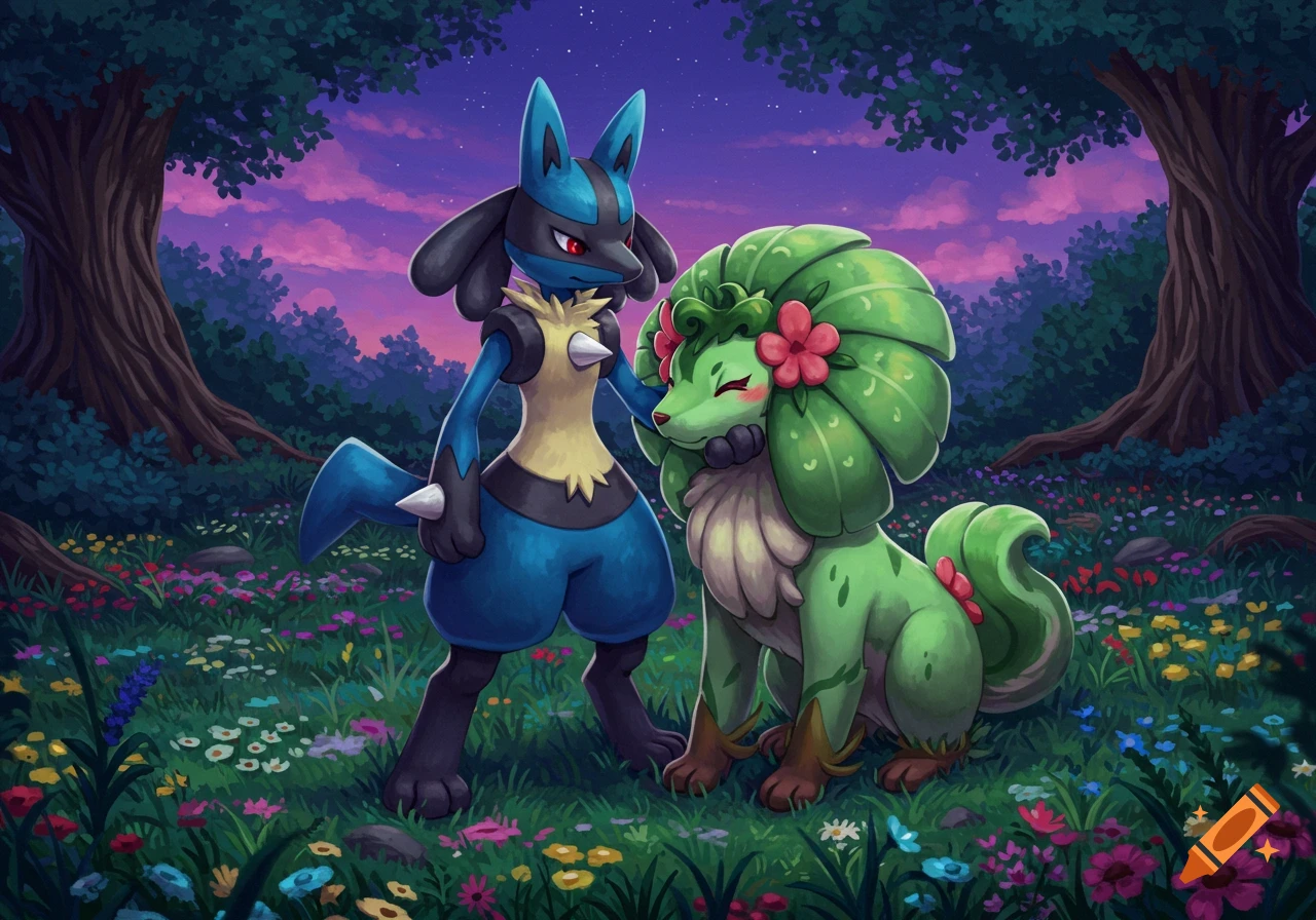 Lucario affectionately touches Floragato in a vibrant, moonlit fantasy forest filled with colorful flowers.