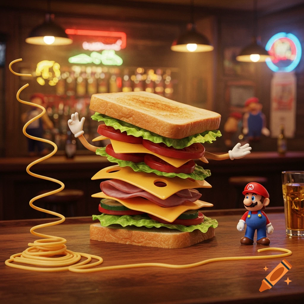 A whimsical, photorealistic scene of a large sandwich with cartoon arms and hands "dancing" on a wooden bar counter. A small Mario figurine stands beside it, with a glass of liquid and a winding string of spaghetti nearby. Neon bar signs are visible in the blurred background.