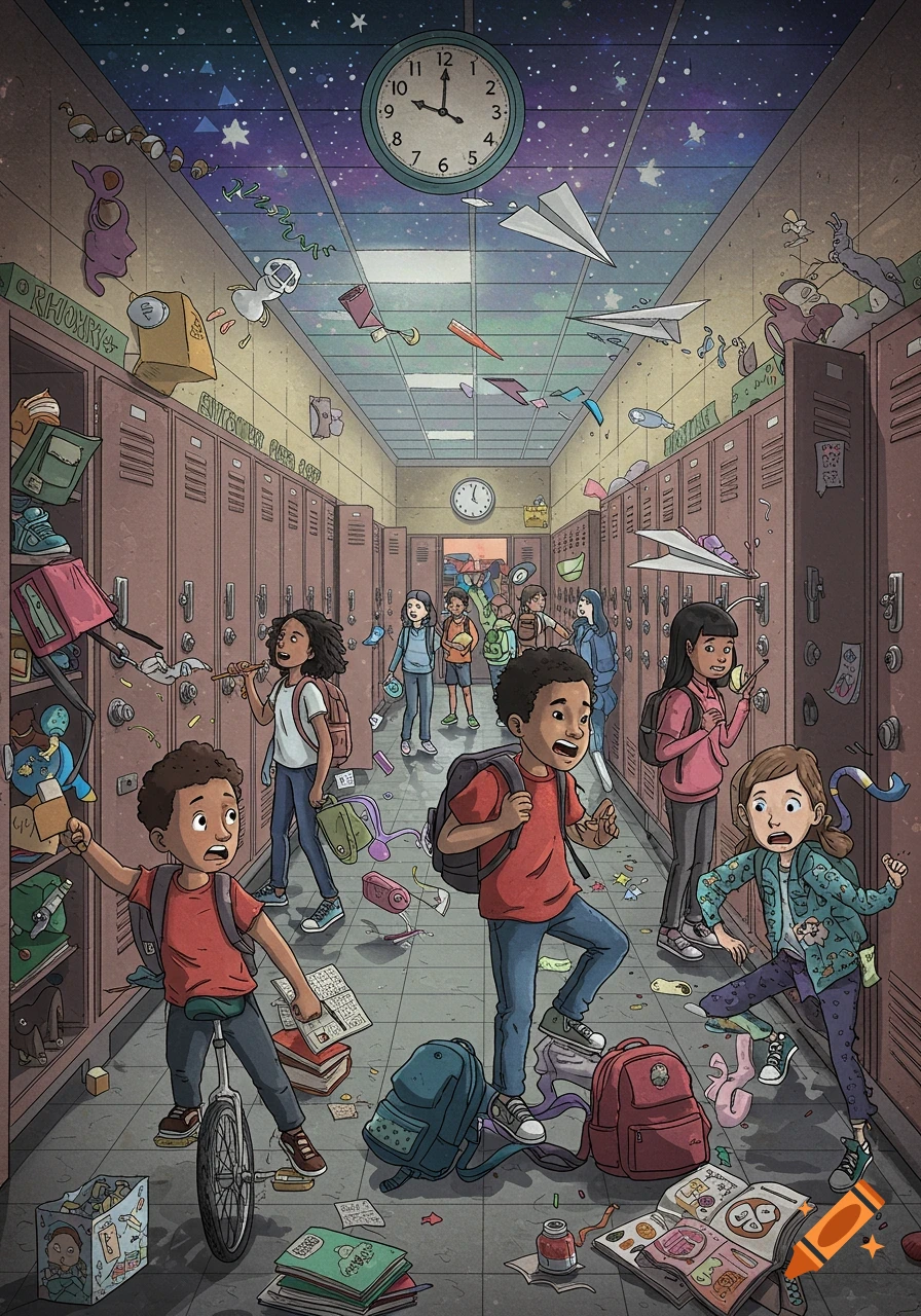 A chaotic middle school hallway with children, floating objects, open lockers, and a galaxy ceiling. Cartoon style.