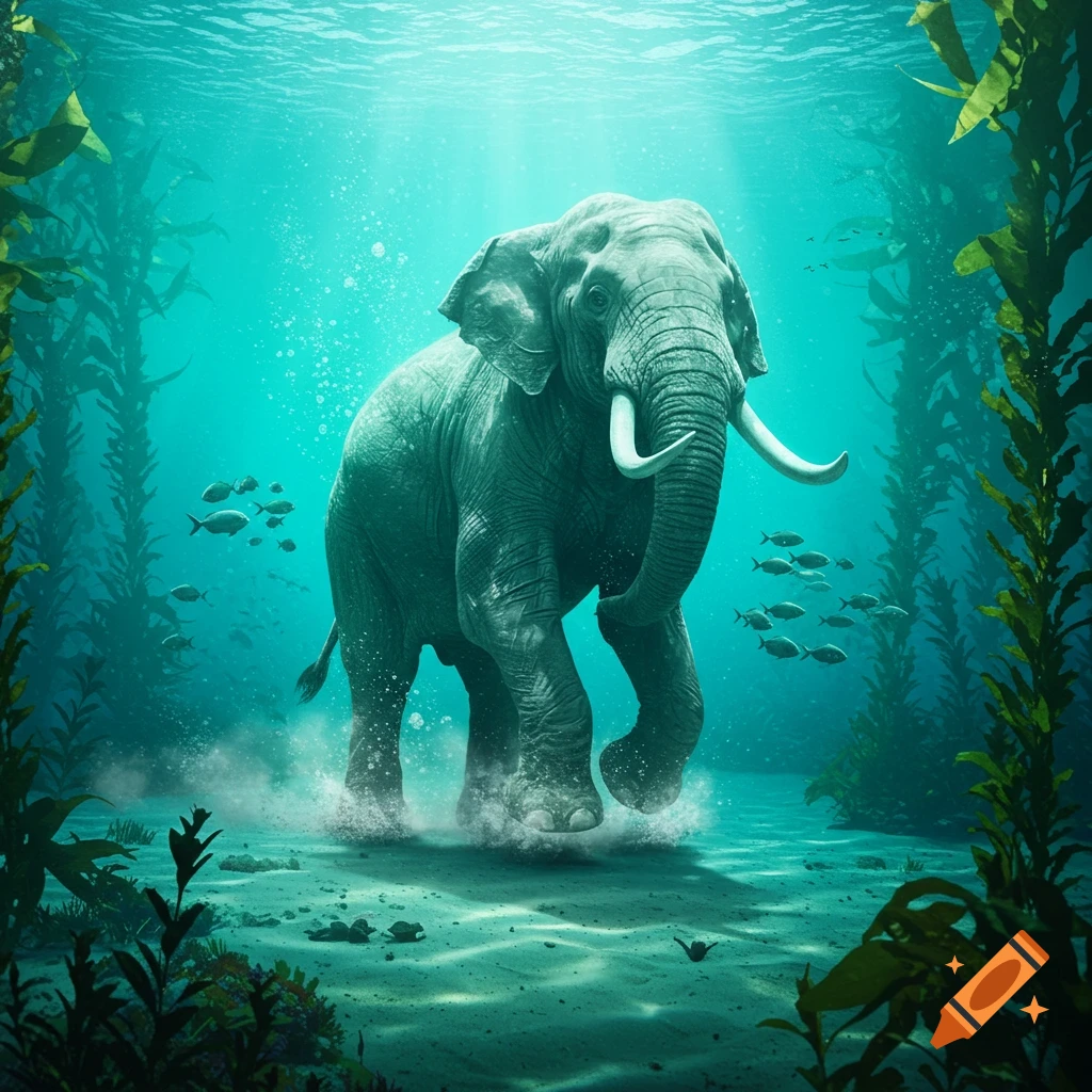 A large elephant walks on the ocean floor surrounded by kelp and fish, with sun rays piercing the turquoise water, photorealistic.