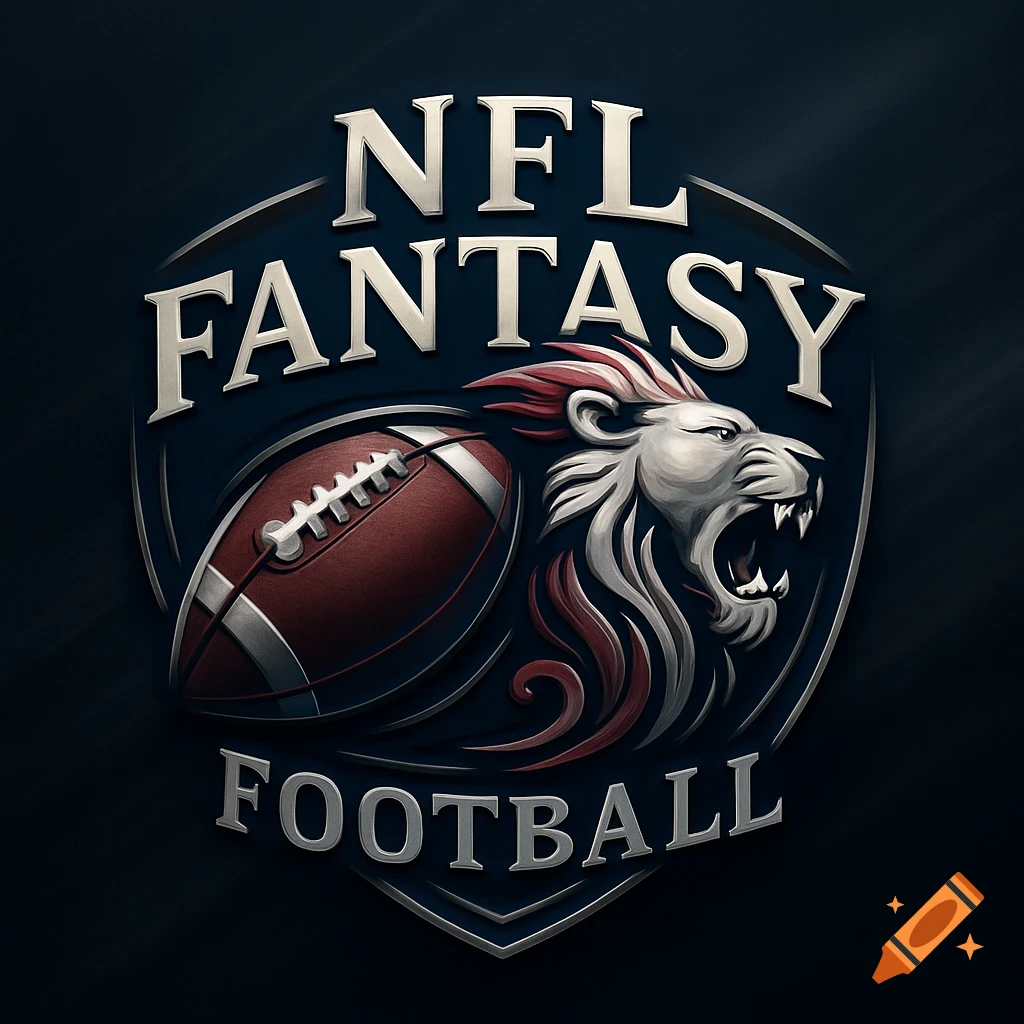 A metallic crest logo for NFL Fantasy Football, featuring a roaring lion with a red and white mane next to a brown football, against a dark blue background.