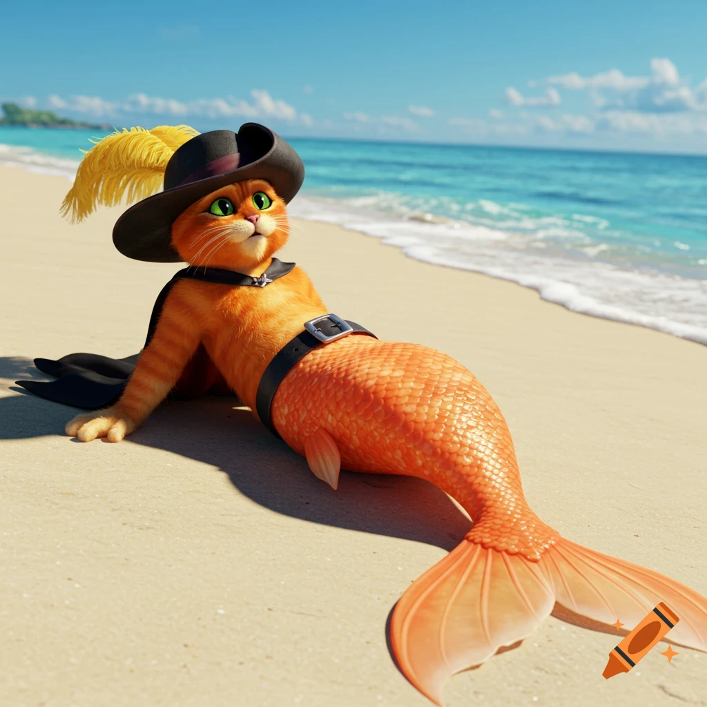 Puss in Boots, wearing a black hat with a yellow feather, poses as a mermaid with an orange scaled tail on a sandy beach shore.