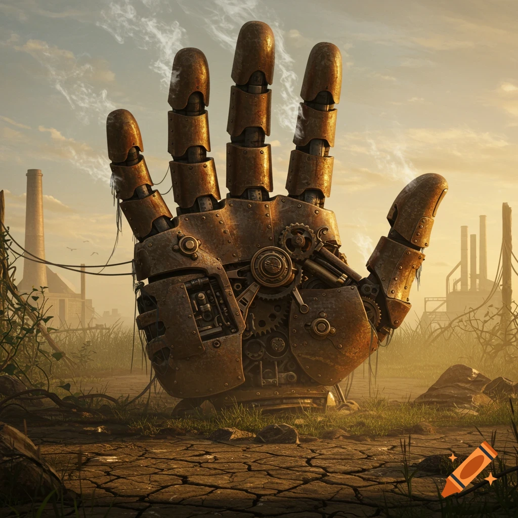 A large rusty steampunk robotic hand emerges from cracked earth in a desolate, industrial landscape under a cloudy sky.