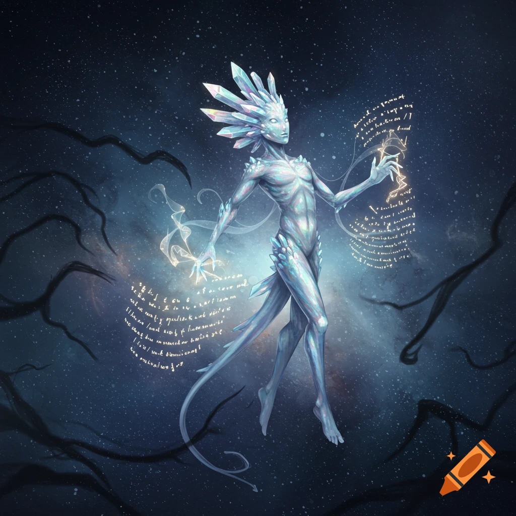 A luminous, crystalline humanoid figure with sharp crystal growths floats in a starry cosmic abyss, surrounded by glowing script.