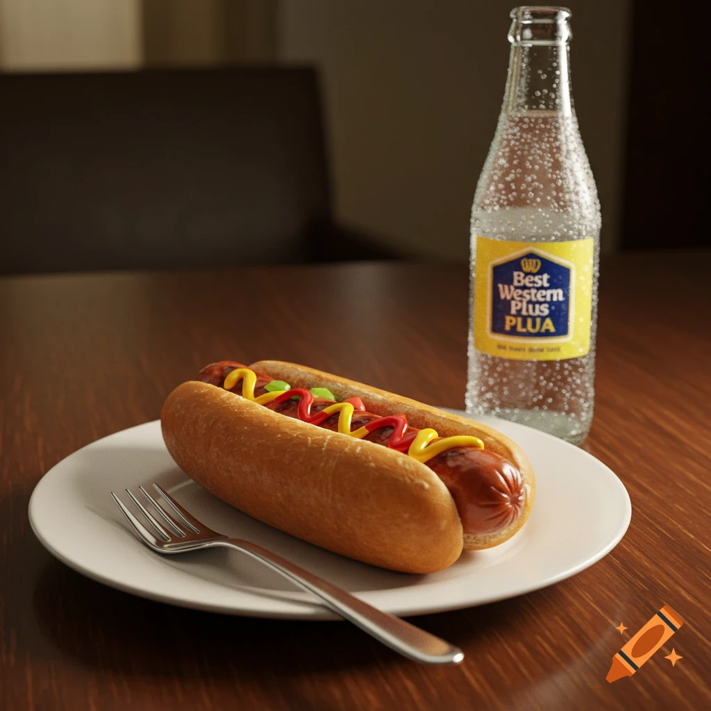 A photorealistic hotdog with mustard and ketchup on a white plate with a fork, next to a soda bottle, on a wooden table.