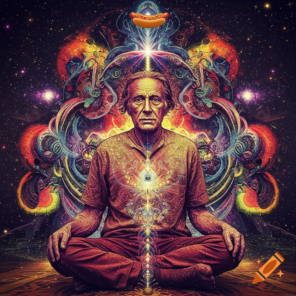 A man resembling Terence McKenna meditates amidst vibrant, swirling psychedelic cosmic patterns, with a hotdog floating above his head.
