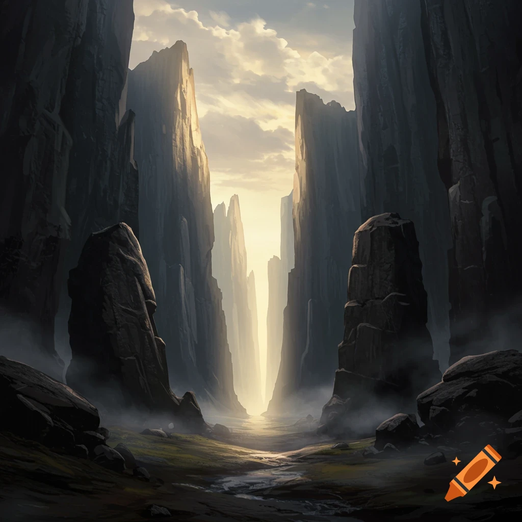 A narrow, dark ravine with towering, steep cliffs and a bright light shining from a distant opening. Mist covers the ground.