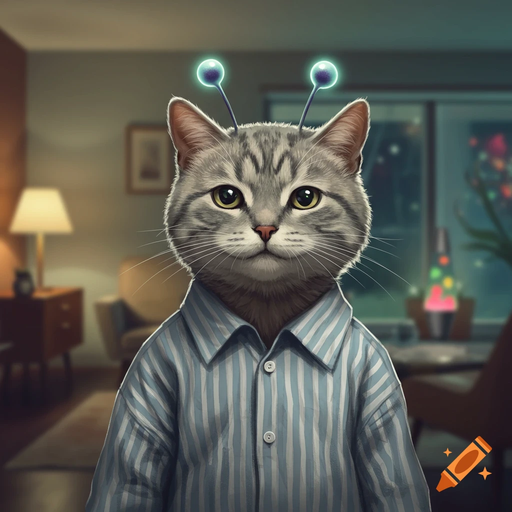 A gray tabby cat wearing glowing alien antennae and a blue-and-white striped button-down shirt, looking directly forward.