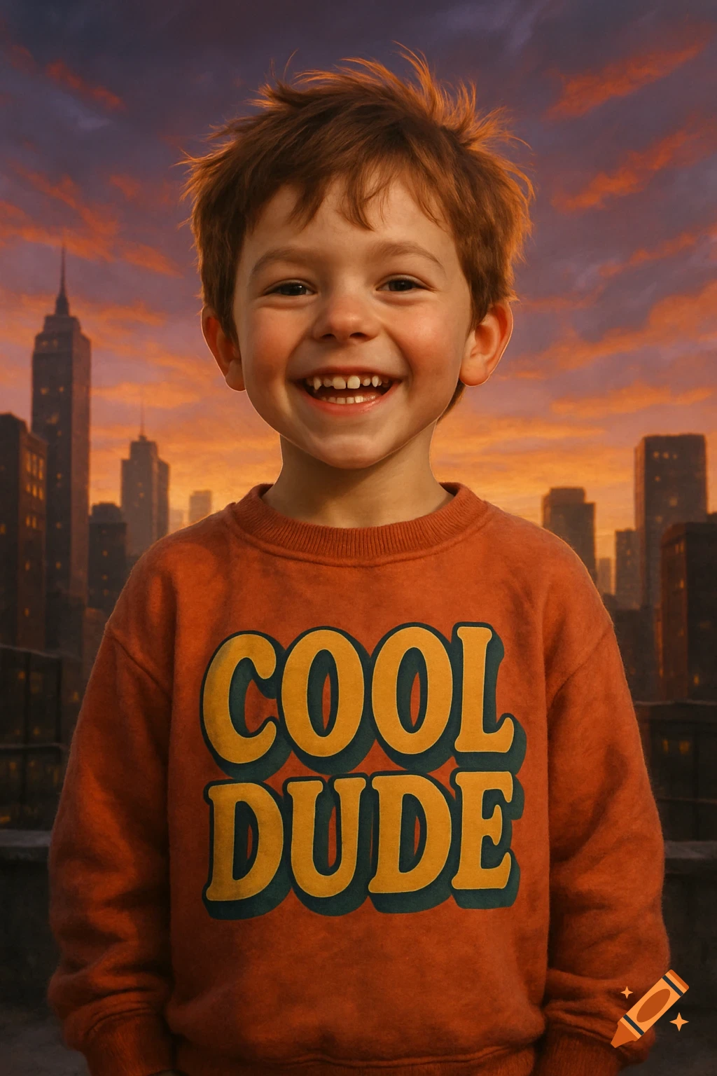 A smiling young boy with red hair wears an orange 'COOL DUDE' sweater in front of a city skyline at sunset, photorealistic.