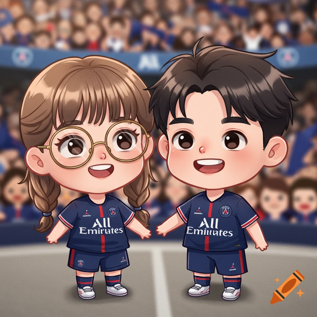 Two cute chibi cartoon characters, a boy and a girl, in PSG football jerseys standing in a stadium.