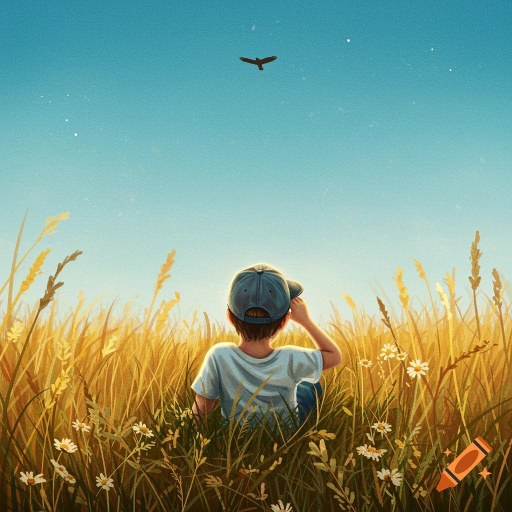 A boy in a baseball cap sits in a golden field of tall grass, looking up at a hawk soaring in the blue sky.