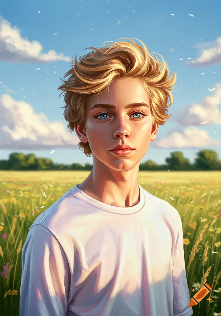 A portrait of a blonde boy with blue eyes in a sunlit field of wildflowers under a blue sky, digital art.