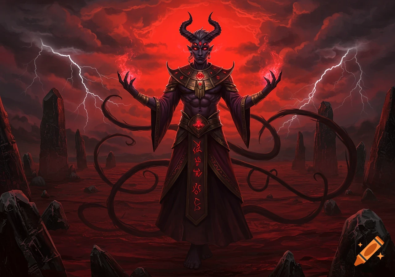 A demonic figure with horns, multiple eyes, and glowing red hands stands in a desolate, red landscape with lightning, surrounded by dark monoliths.