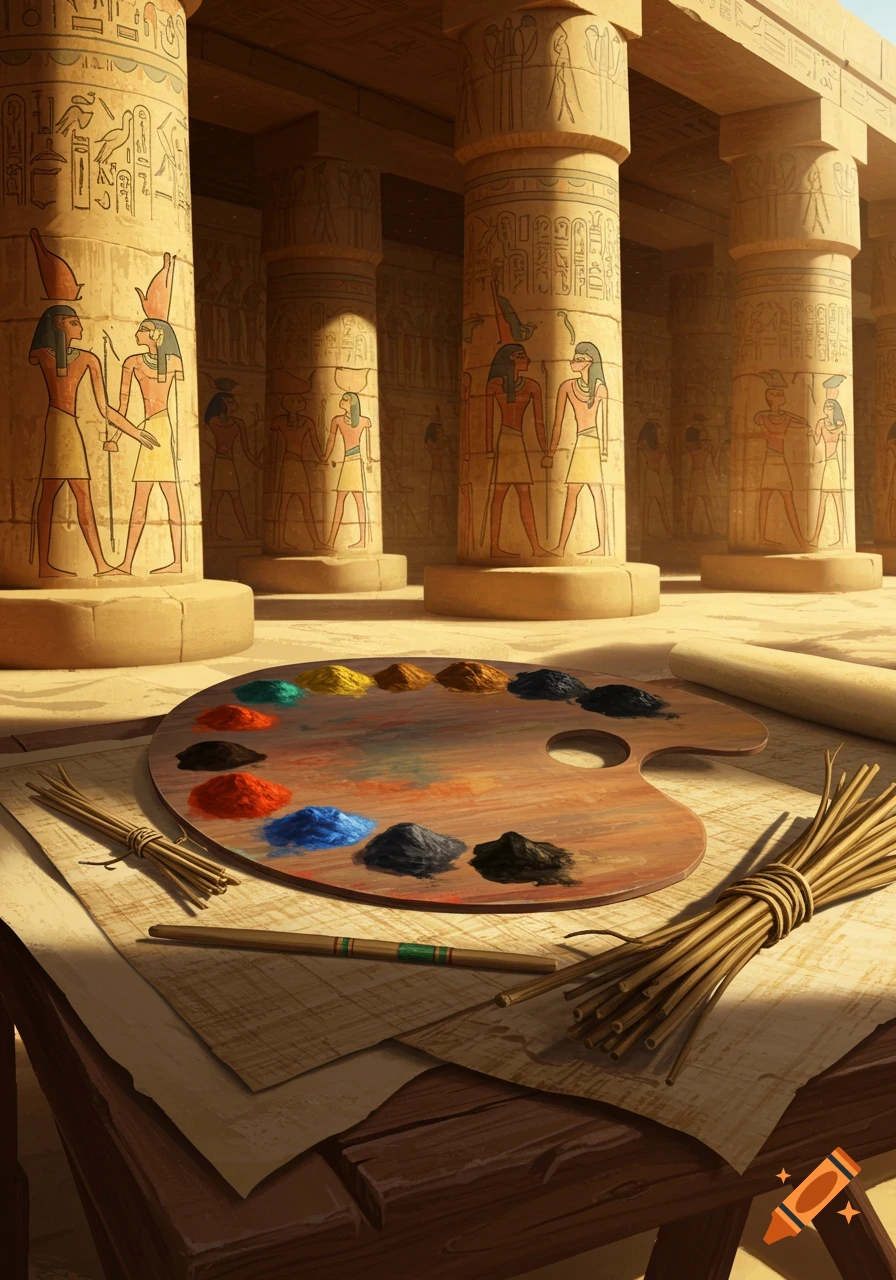 An artist's palette with colorful pigments and brushes rests on papyrus, in front of ancient Egyptian temple columns with hieroglyphs.