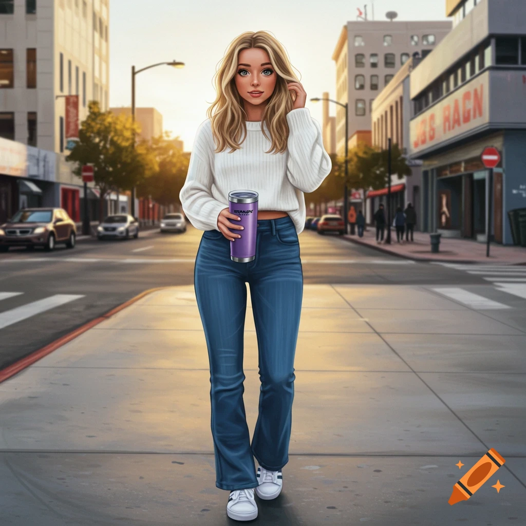 Young woman with blonde hair in a white sweater and blue jeans holds a purple tumbler while walking on a city street.