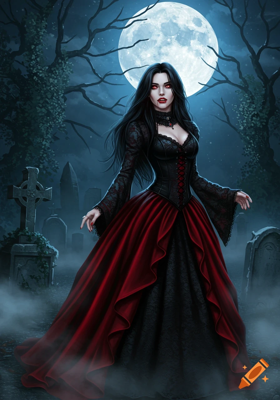 A gothic vampire woman with long black hair and red eyes stands in a misty graveyard under a full moon, wearing a black and red Victorian-style dress.