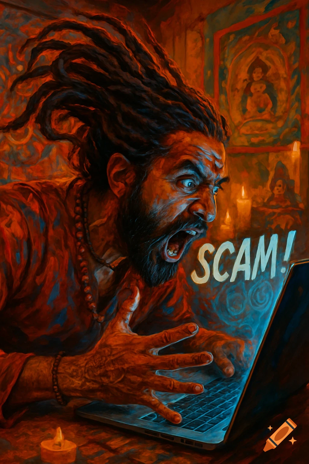 An angry Indian man with dreadlocks screams 'SCAM!' at a glowing laptop in a dramatic, painterly style.